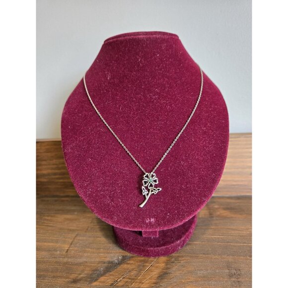 Franklin Mint Celtic Rose Flower Pendant FM83 Sterling Silver with Tiny Emerald - Picture 2 of 10